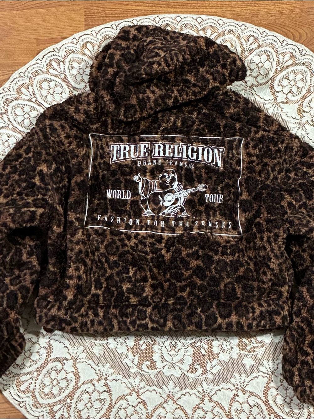 New, True Religion Brown and Black Leopard Sherpa Pullover